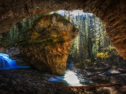 Poranek, Park Narodowy Banff, Wodospad, Jaskinia, Johnston Canyon, Kanada, Skała